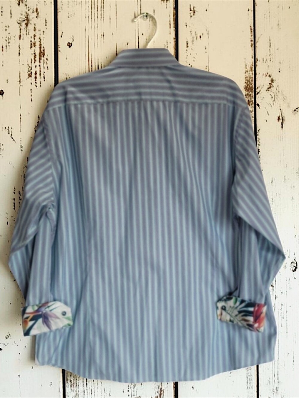 Blu by Polifroni Men's XXL Dress Shirt–Blue Stripe with Tropical Floral Flip Cuf